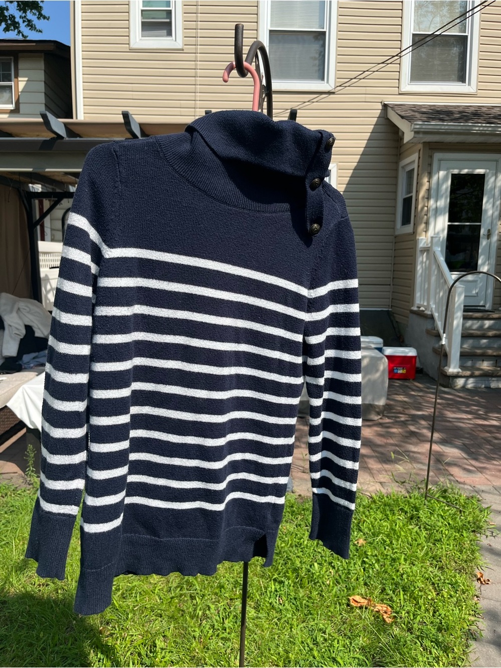 Navy & White Striped Women’s Button-Neck Sweater size medium